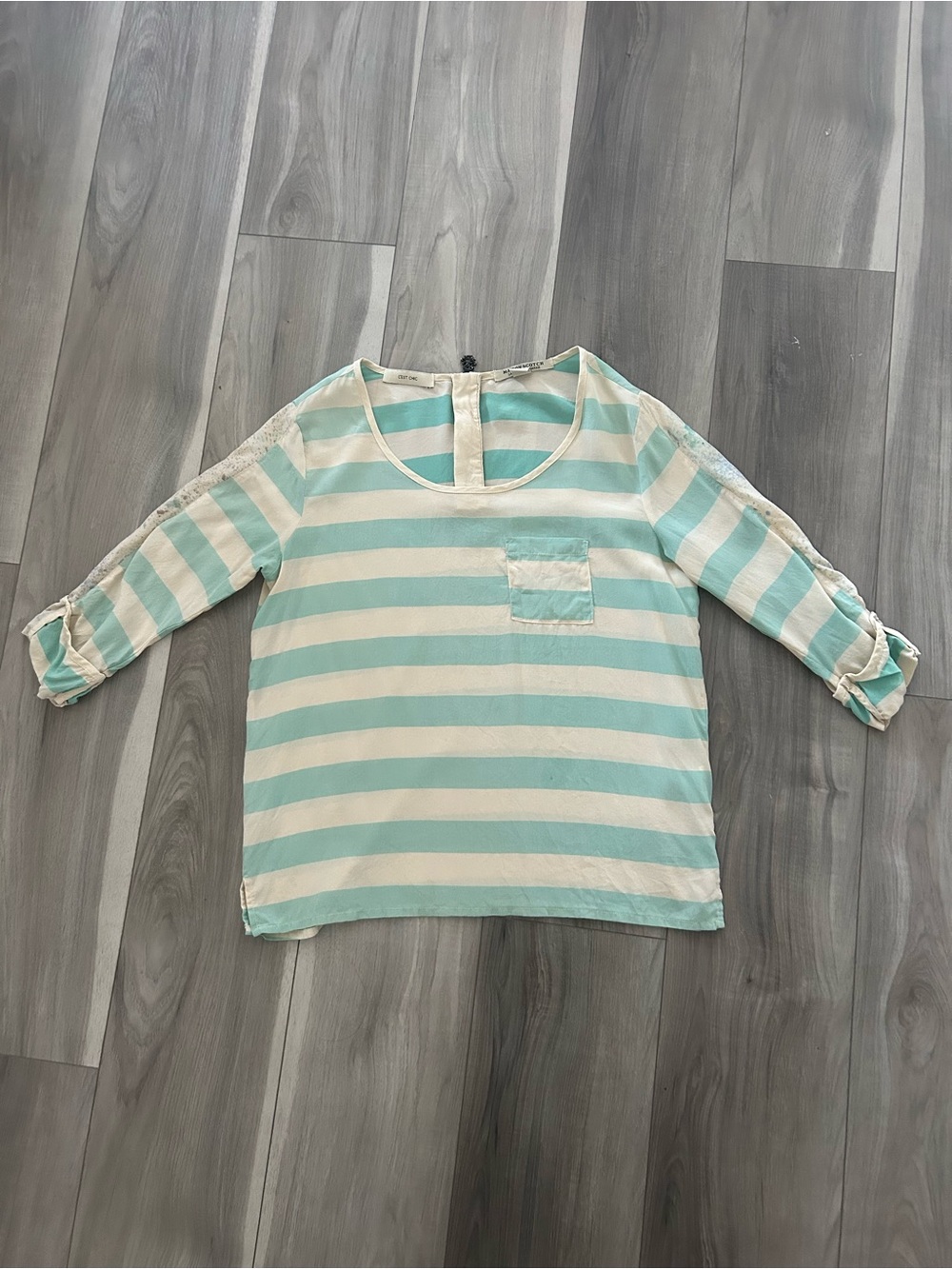 Maison Scotch (Scotch & Soda) 100% Silk Aqua Cream Striped Blouse Size 1 (XS-S)